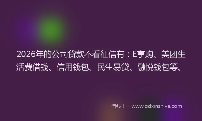 2026年的公司贷款不看征信有:E享购、美团生活费借钱、信用钱包、民生易贷、融悦钱包等。