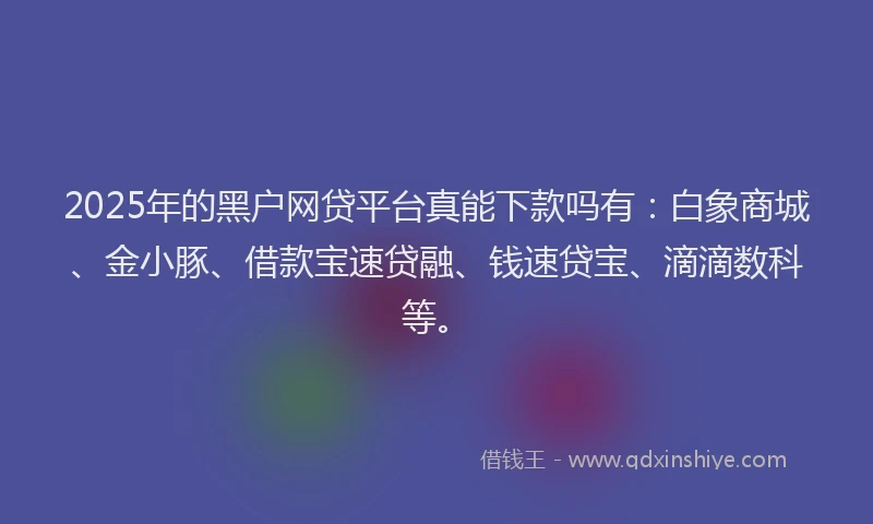 2025年的黑户网贷平台真能下款吗有：白象商城、金小豚、借款宝速贷融、钱速贷宝、滴滴数科等。