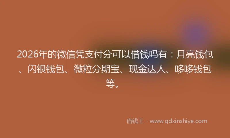 2026年的微信凭支付分可以借钱吗有:月亮钱包、闪银钱包、微粒分期宝、现金达人、哆哆钱包等。