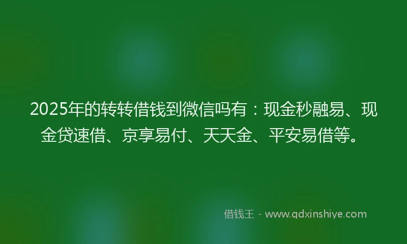 2025年的转转借钱到微信吗有:现金秒融易、现金贷速借、京享易付、天天金、平安易借等。