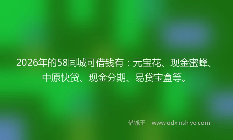 2026年的58同城可借钱有:元宝花、现金蜜蜂、中原快贷、现金分期、易贷宝盒等。