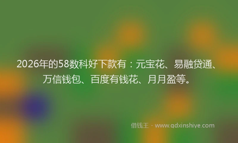 2026年的58数科好下款有:元宝花、易融贷通、万信钱包、百度有钱花、月月盈等。