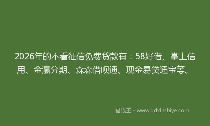 2026年的不看征信免费贷款有：58好借、掌上信用、金瀛分期、森森借呗通、现金易贷通宝等。