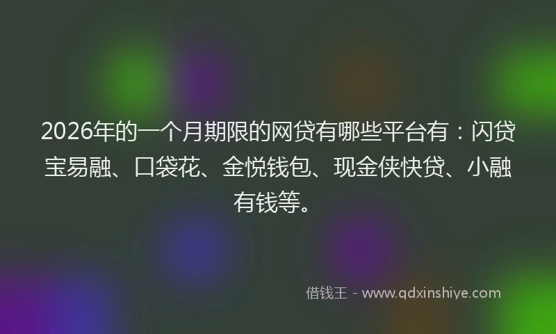 2026年的一个月期限的网贷有哪些平台有：闪贷宝易融、口袋花、金悦钱包、现金侠快贷、小融有钱等。