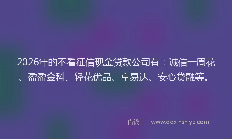 2026年的不看征信现金贷款公司有:诚信一周花、盈盈金科、轻花优品、享易达、安心贷融等。