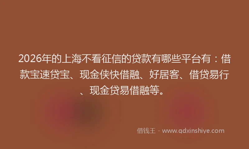 2026年的上海不看征信的贷款有哪些平台有:借款宝速贷宝、现金侠快借融、好居客、借贷易行、现金贷易借融等。