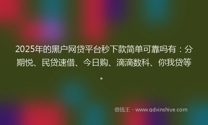 2025年的黑户网贷平台秒下款简单可靠吗有:分期悦、民贷速借、今日购、滴滴数科、你我贷等。
