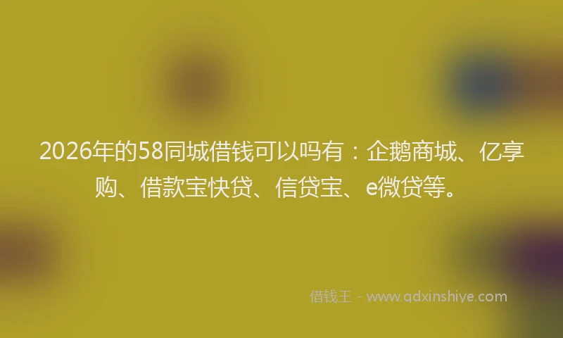 2026年的58同城借钱可以吗有:企鹅商城、亿享购、借款宝快贷、信贷宝、e微贷等。