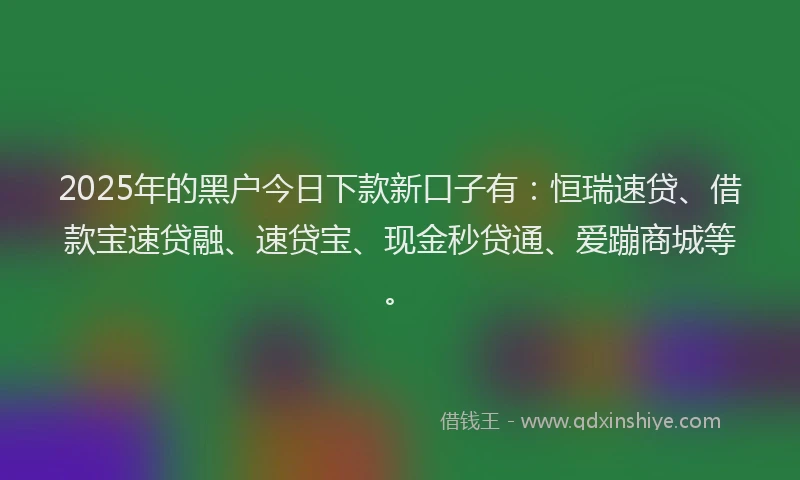 2025年的黑户今日下款新口子有：恒瑞速贷、借款宝速贷融、速贷宝、现金秒贷通、爱蹦商城等。