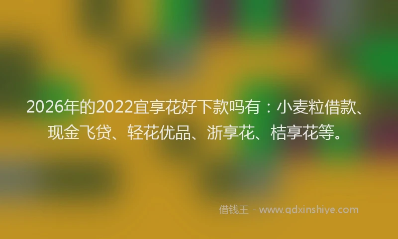 2026年的2022宜享花好下款吗有：小麦粒借款、现金飞贷、轻花优品、浙享花、桔享花等。
