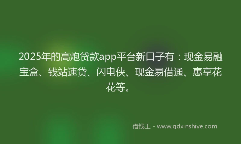 2025年的高炮贷款app平台新口子有:现金易融宝盒、钱站速贷、闪电侠、现金易借通、惠享花花等。