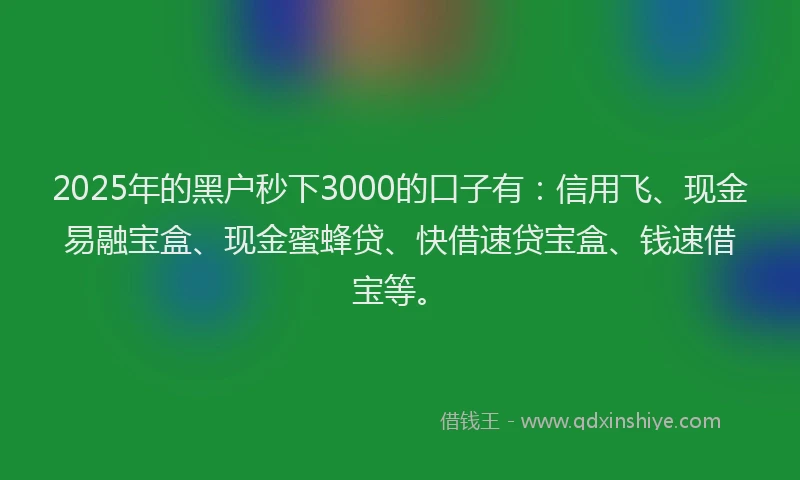 2025年的黑户秒下3000的口子有：信用飞、现金易融宝盒、现金蜜蜂贷、快借速贷宝盒、钱速借宝等。