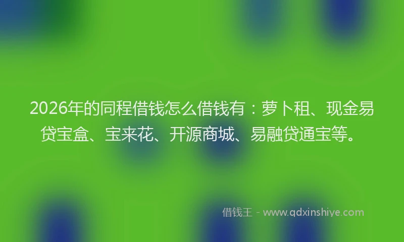 2026年的同程借钱怎么借钱有：萝卜租、现金易贷宝盒、宝来花、开源商城、易融贷通宝等。