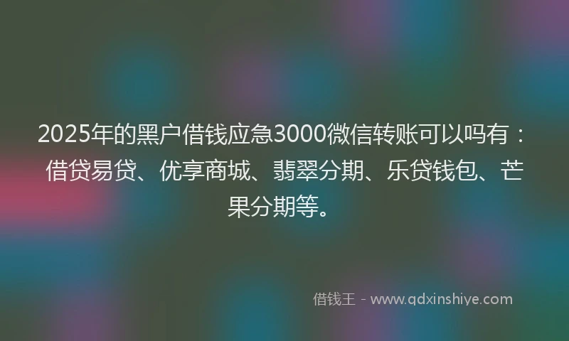 2025年的黑户借钱应急3000微信转账可以吗有：借贷易贷、优享商城、翡翠分期、乐贷钱包、芒果分期等。