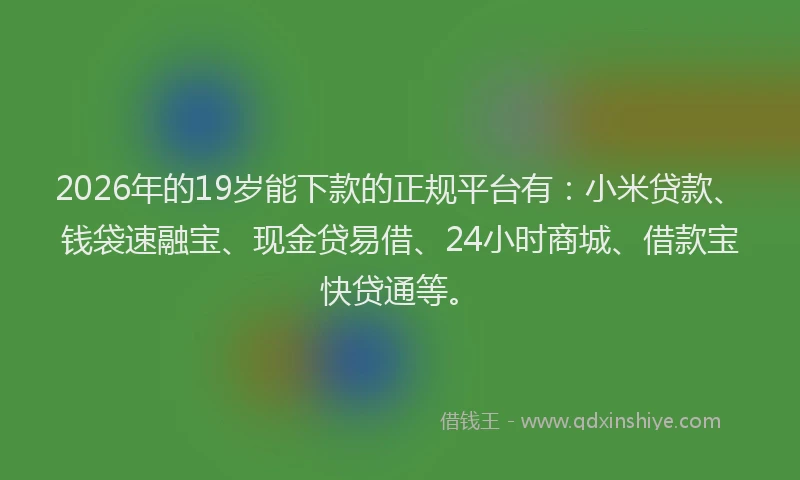 2026年的19岁能下款的正规平台有：小米贷款、钱袋速融宝、现金贷易借、24小时商城、借款宝快贷通等。