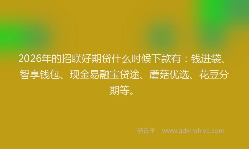 2026年的招联好期贷什么时候下款有：钱进袋、智享钱包、现金易融宝贷途、蘑菇优选、花豆分期等。