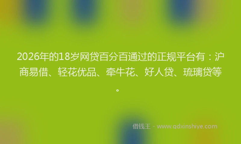 2026年的18岁网贷百分百通过的正规平台有：沪商易借、轻花优品、牵牛花、好人贷、琉璃贷等。