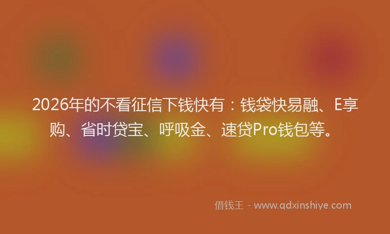 2026年的不看征信下钱快有:钱袋快易融、E享购、省时贷宝、呼吸金、速贷Pro钱包等。