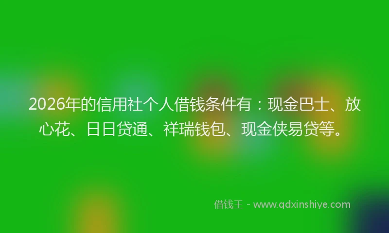 2026年的信用社个人借钱条件有：现金巴士、放心花、日日贷通、祥瑞钱包、现金侠易贷等。
