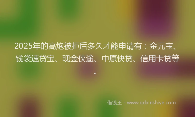 2025年的高炮被拒后多久才能申请有：金元宝、钱袋速贷宝、现金侠途、中原快贷、信用卡贷等。