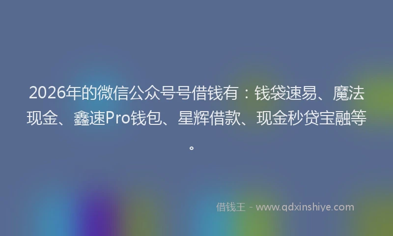 2026年的微信公众号号借钱有:钱袋速易、魔法现金、鑫速Pro钱包、星辉借款、现金秒贷宝融等。