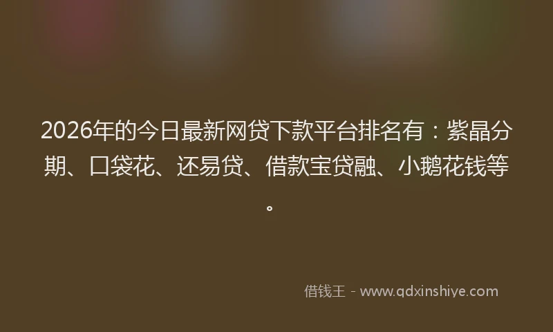 2026年的今日最新网贷下款平台排名有：紫晶分期、口袋花、还易贷、借款宝贷融、小鹅花钱等。