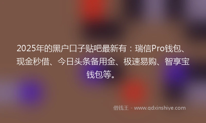 2025年的黑户口子贴吧最新有:瑞信Pro钱包、现金秒借、今日头条备用金、极速易购、智享宝钱包等。