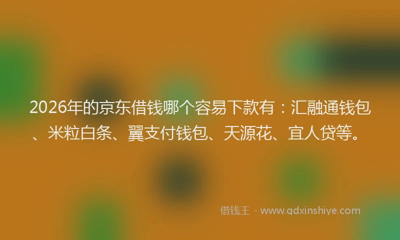 2026年的京东借钱哪个容易下款有：汇融通钱包、米粒白条、翼支付钱包、天源花、宜人贷等。