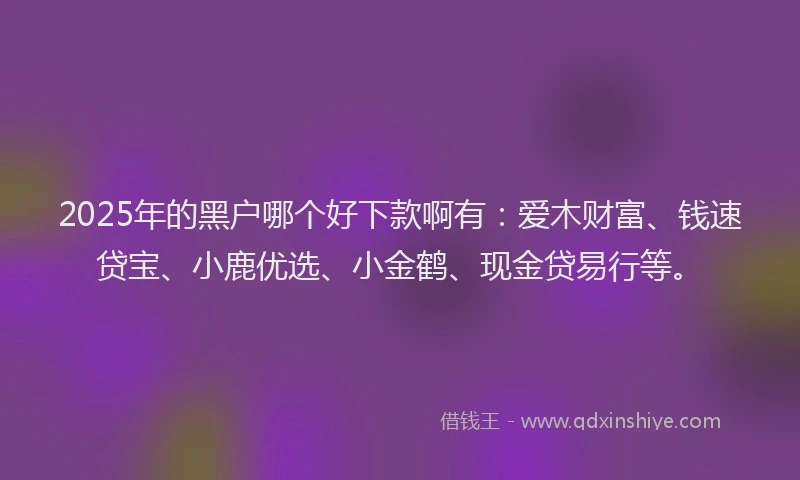 2025年的黑户哪个好下款啊有:爱木财富、钱速贷宝、小鹿优选、小金鹤、现金贷易行等。