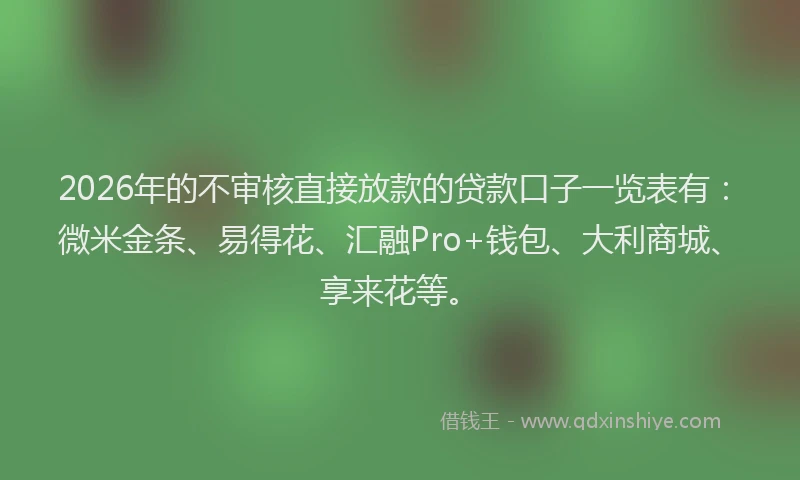 2026年的不审核直接放款的贷款口子一览表有:微米金条、易得花、汇融Pro+钱包、大利商城、享来花等。