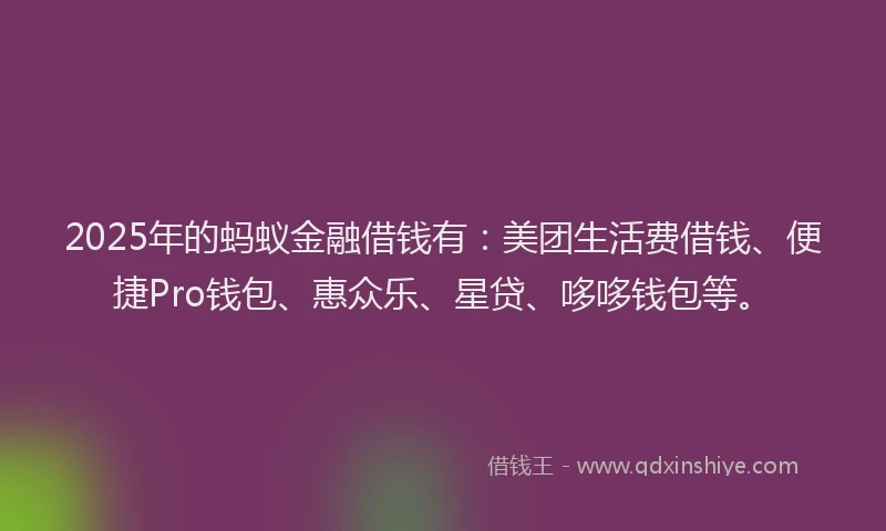 2025年的蚂蚁金融借钱有：美团生活费借钱、便捷Pro钱包、惠众乐、星贷、哆哆钱包等。