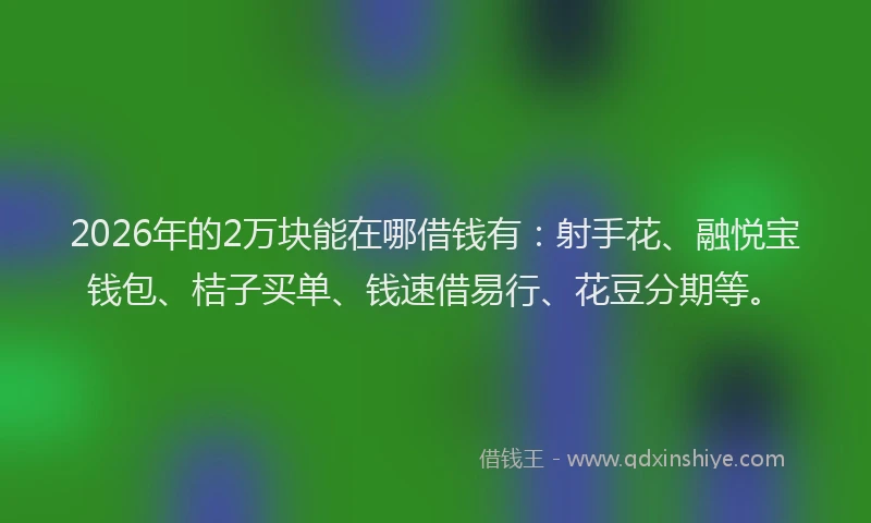 2026年的2万块能在哪借钱有:射手花、融悦宝钱包、桔子买单、钱速借易行、花豆分期等。