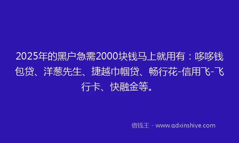 2025年的黑户急需2000块钱马上就用有：哆哆钱包贷、洋葱先生、捷越巾帼贷、畅行花-信用飞-飞行卡、快融金等。