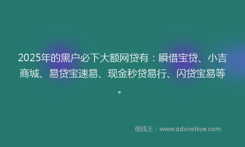 2025年的黑户必下大额网贷有：瞬借宝贷、小吉商城、易贷宝速易、现金秒贷易行、闪贷宝易等。