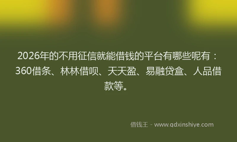 2026年的不用征信就能借钱的平台有哪些呢有：360借条、林林借呗、天天盈、易融贷盒、人品借款等。