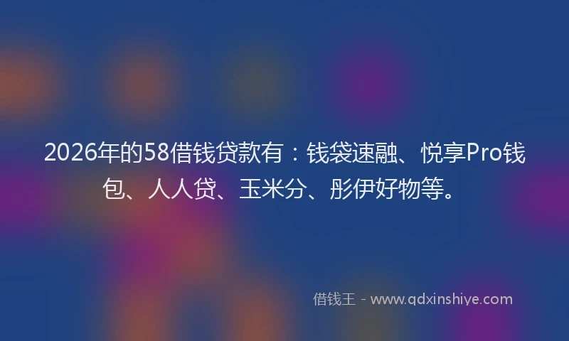 2026年的58借钱贷款有:钱袋速融、悦享Pro钱包、人人贷、玉米分、彤伊好物等。