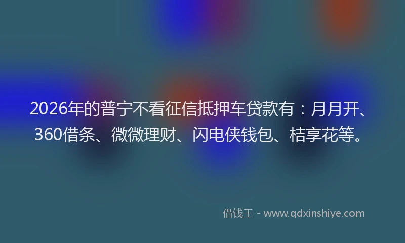 2026年的普宁不看征信抵押车贷款有：月月开、360借条、微微理财、闪电侠钱包、桔享花等。