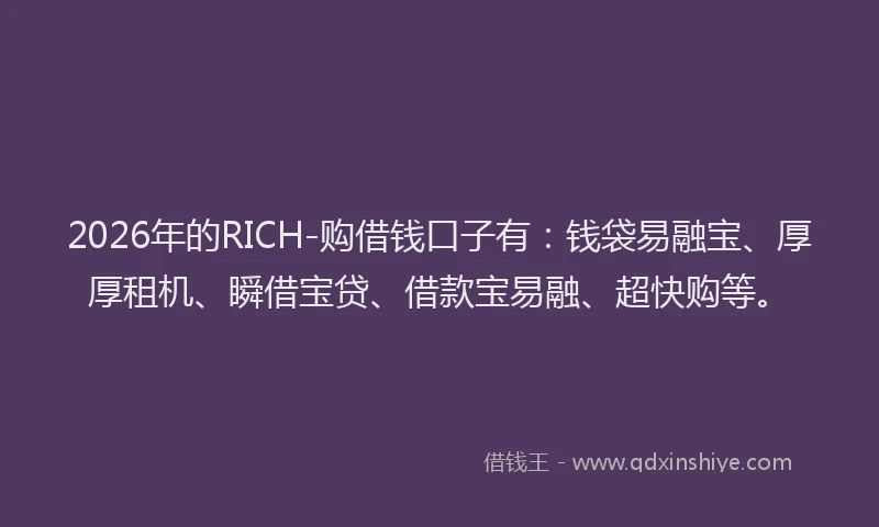 2026年的RICH-购借钱口子有：钱袋易融宝、厚厚租机、瞬借宝贷、借款宝易融、超快购等。