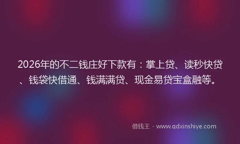 2026年的不二钱庄好下款有:掌上贷、读秒快贷、钱袋快借通、钱满满贷、现金易贷宝盒融等。