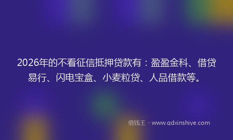 2026年的不看征信抵押贷款有:盈盈金科、借贷易行、闪电宝盒、小麦粒贷、人品借款等。