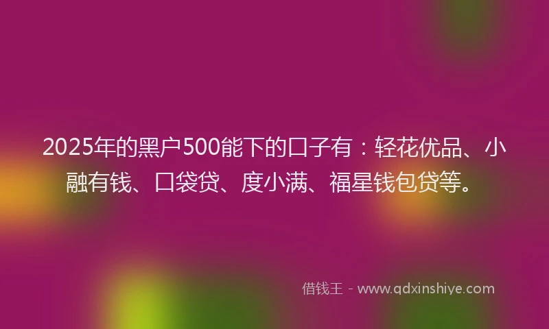 2025年的黑户500能下的口子有：轻花优品、小融有钱、口袋贷、度小满、福星钱包贷等。