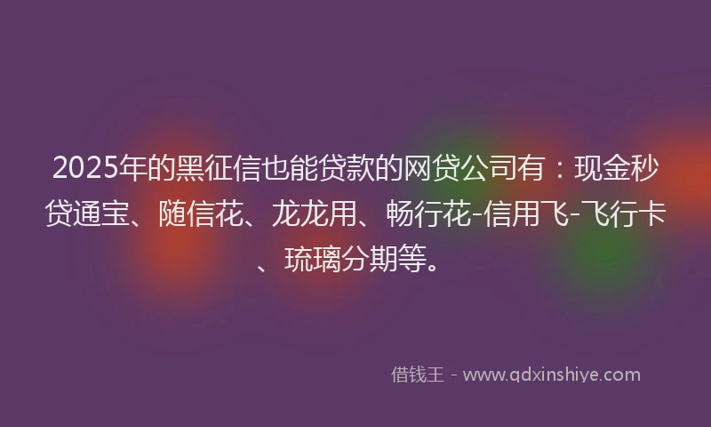 2025年的黑征信也能贷款的网贷公司有:现金秒贷通宝、随信花、龙龙用、畅行花-信用飞-飞行卡、琉璃分期等。