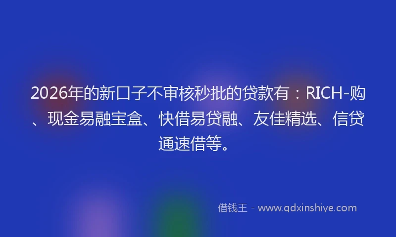 2026年的新口子不审核秒批的贷款有：RICH-购、现金易融宝盒、快借易贷融、友佳精选、信贷通速借等。