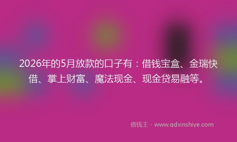 2026年的5月放款的口子有：借钱宝盒、金瑞快借、掌上财富、魔法现金、现金贷易融等。