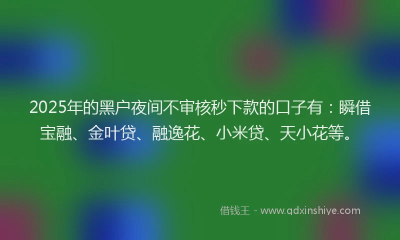 2025年的黑户夜间不审核秒下款的口子有:瞬借宝融、金叶贷、融逸花、小米贷、天小花等。
