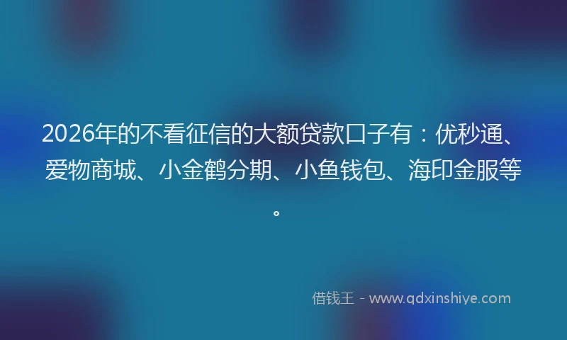 2026年的不看征信的大额贷款口子有：优秒通、爱物商城、小金鹤分期、小鱼钱包、海印金服等。