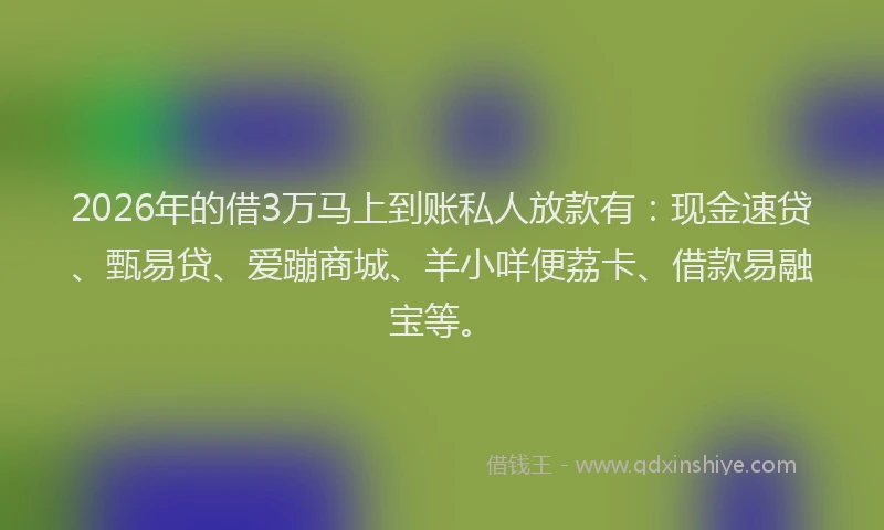 2026年的借3万马上到账私人放款有：现金速贷、甄易贷、爱蹦商城、羊小咩便荔卡、借款易融宝等。