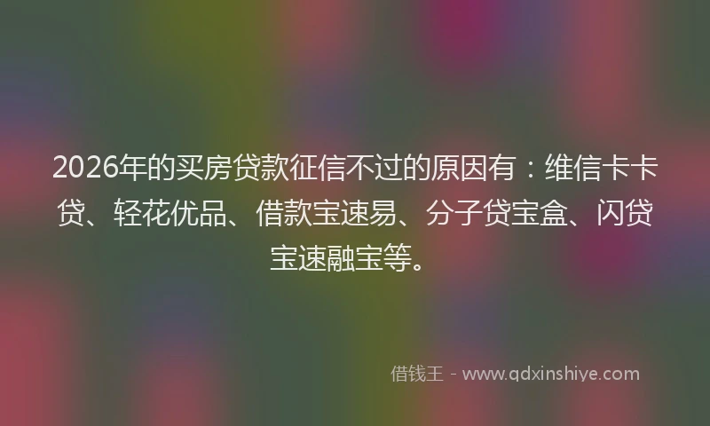 2026年的买房贷款征信不过的原因有：维信卡卡贷、轻花优品、借款宝速易、分子贷宝盒、闪贷宝速融宝等。