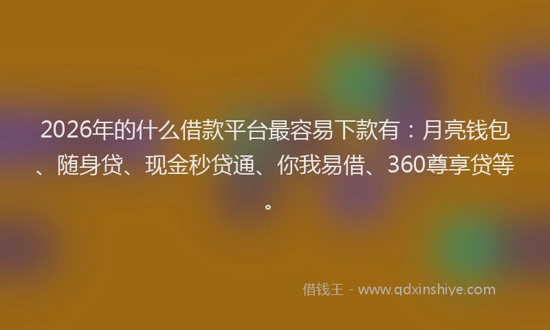 2026年的什么借款平台最容易下款有:月亮钱包、随身贷、现金秒贷通、你我易借、360尊享贷等。