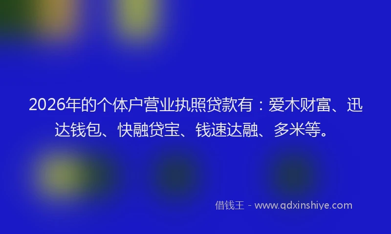 2026年的个体户营业执照贷款有：爱木财富、迅达钱包、快融贷宝、钱速达融、多米等。